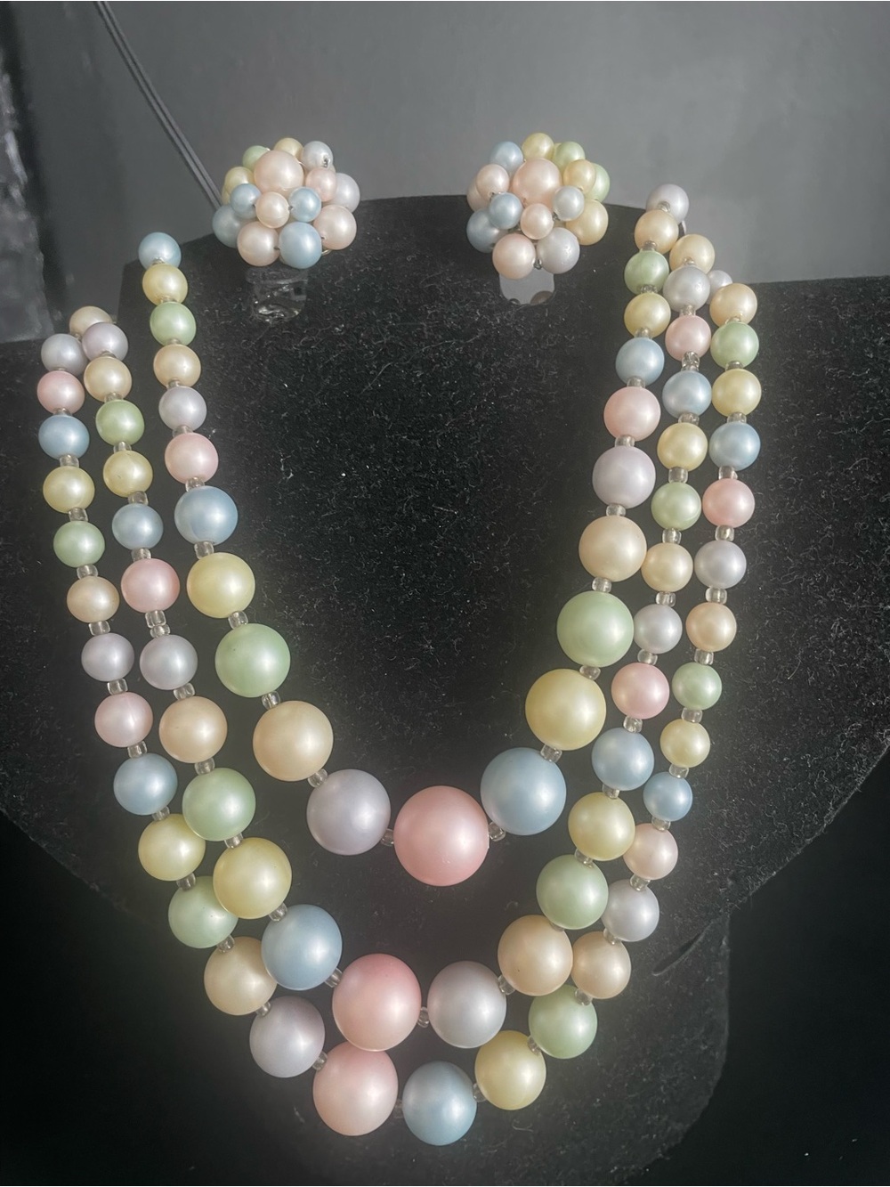 VIntage Pastel Pearl Necklace and Clip-On Earrings Set stamped Japan